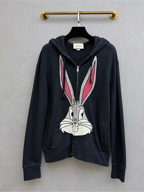 🚩steal Gucci Black Bunny Zip Hoodie with Pink Ear Detail
